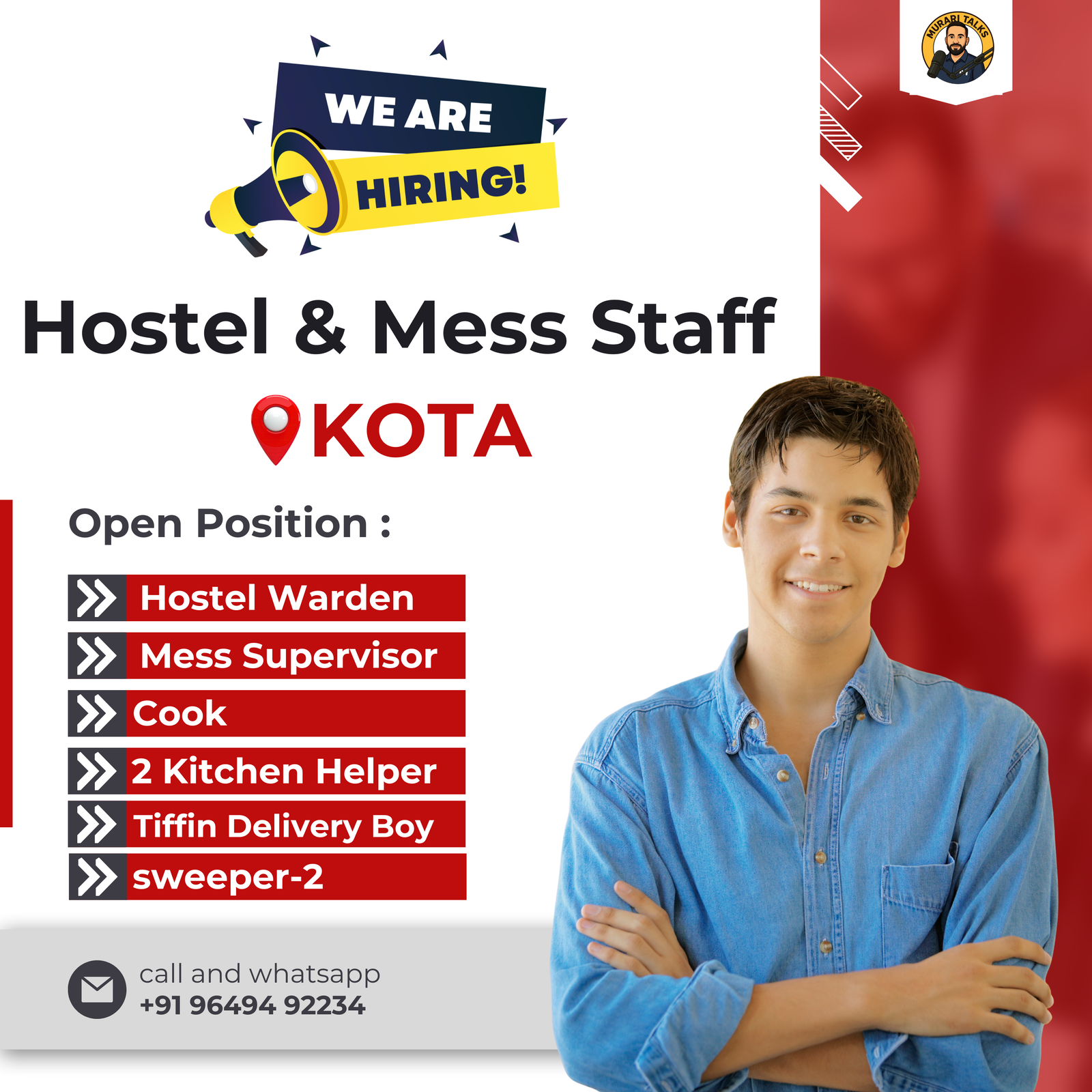 Hiring in Kota Warden, Cook, Helpers Required